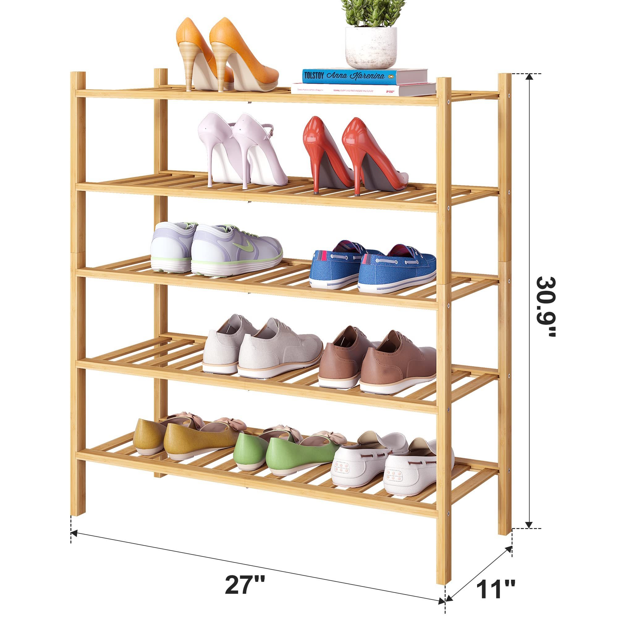 5 Tier Bamboo Shoe Rack Stackable Shoe Shelf Storage Organizer for Unit Entryway Hallway and Closet Sturdy Shoe Shelf