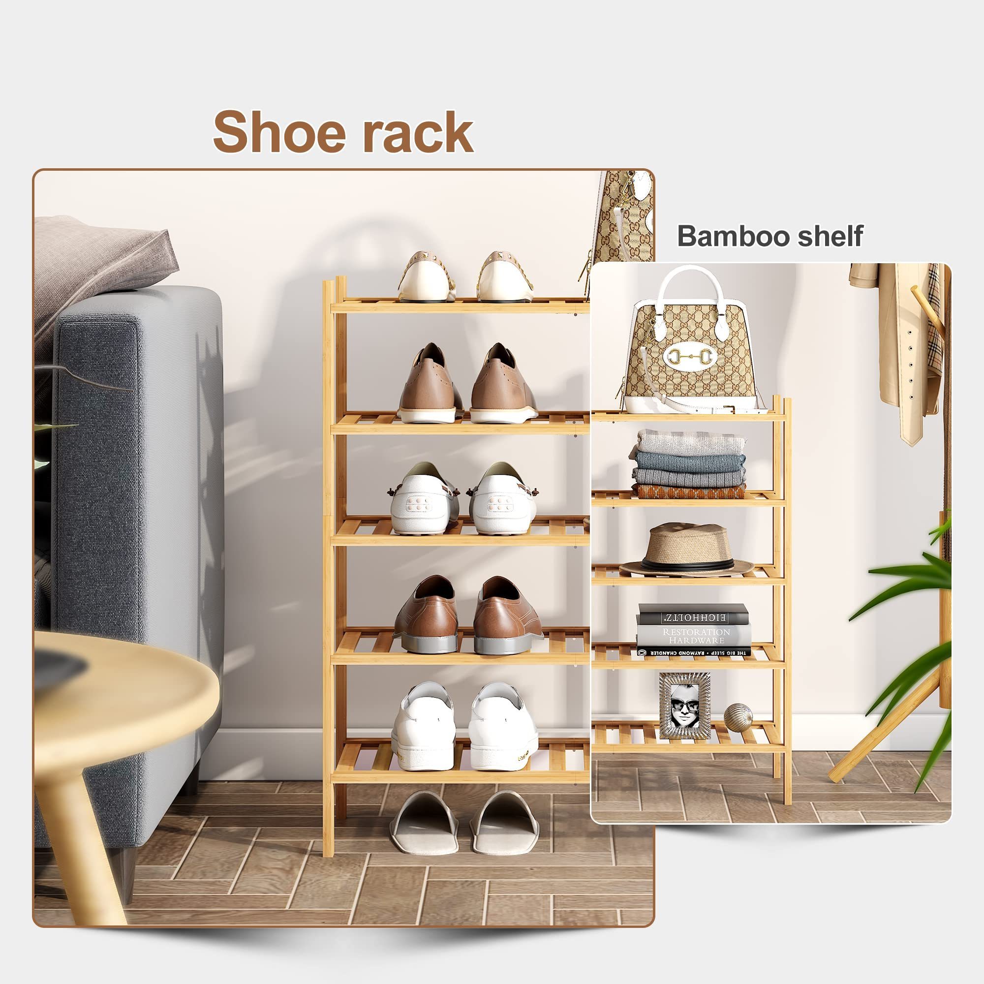 5 Tier Bamboo Shoe Rack Stackable Shoe Shelf Storage Organizer for Unit Entryway Hallway and Closet Sturdy Shoe Shelf