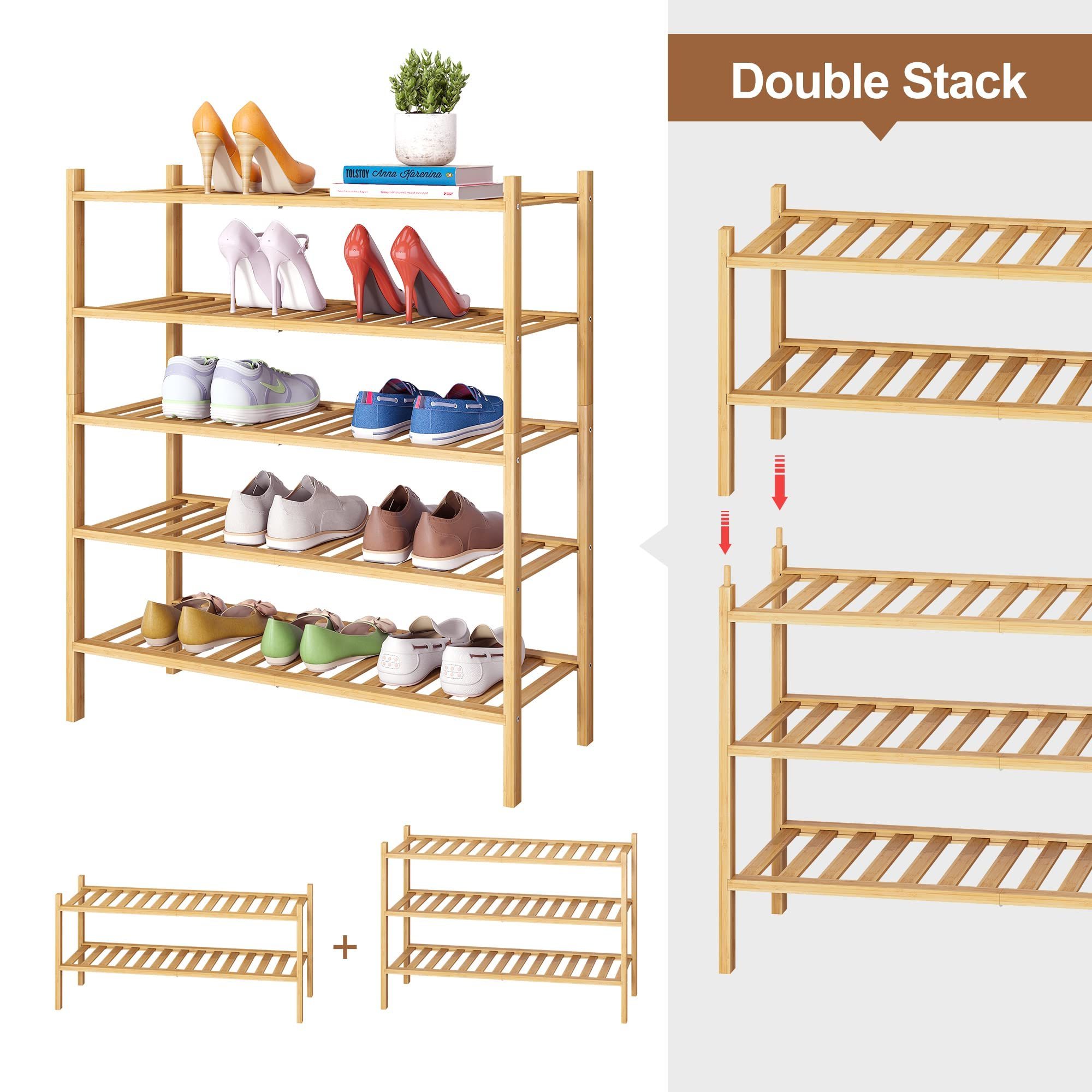 5 Tier Bamboo Shoe Rack Stackable Shoe Shelf Storage Organizer for Unit Entryway Hallway and Closet Sturdy Shoe Shelf