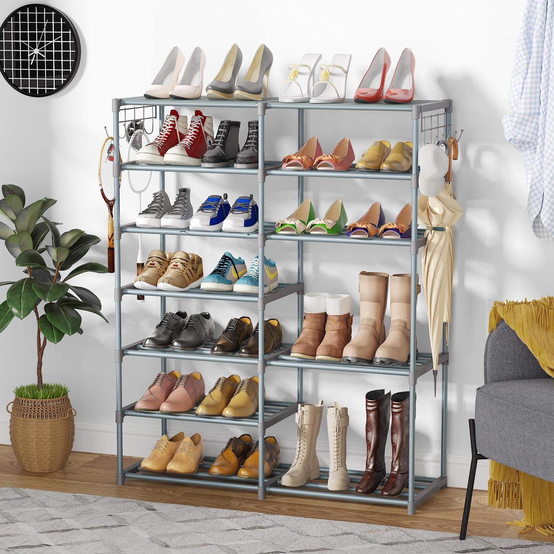 Metal  Shoe Rack Shoe Shelf Shoe Storage Organizer with Side Hooks for Entryway, 24-30 Pairs Taller Boots