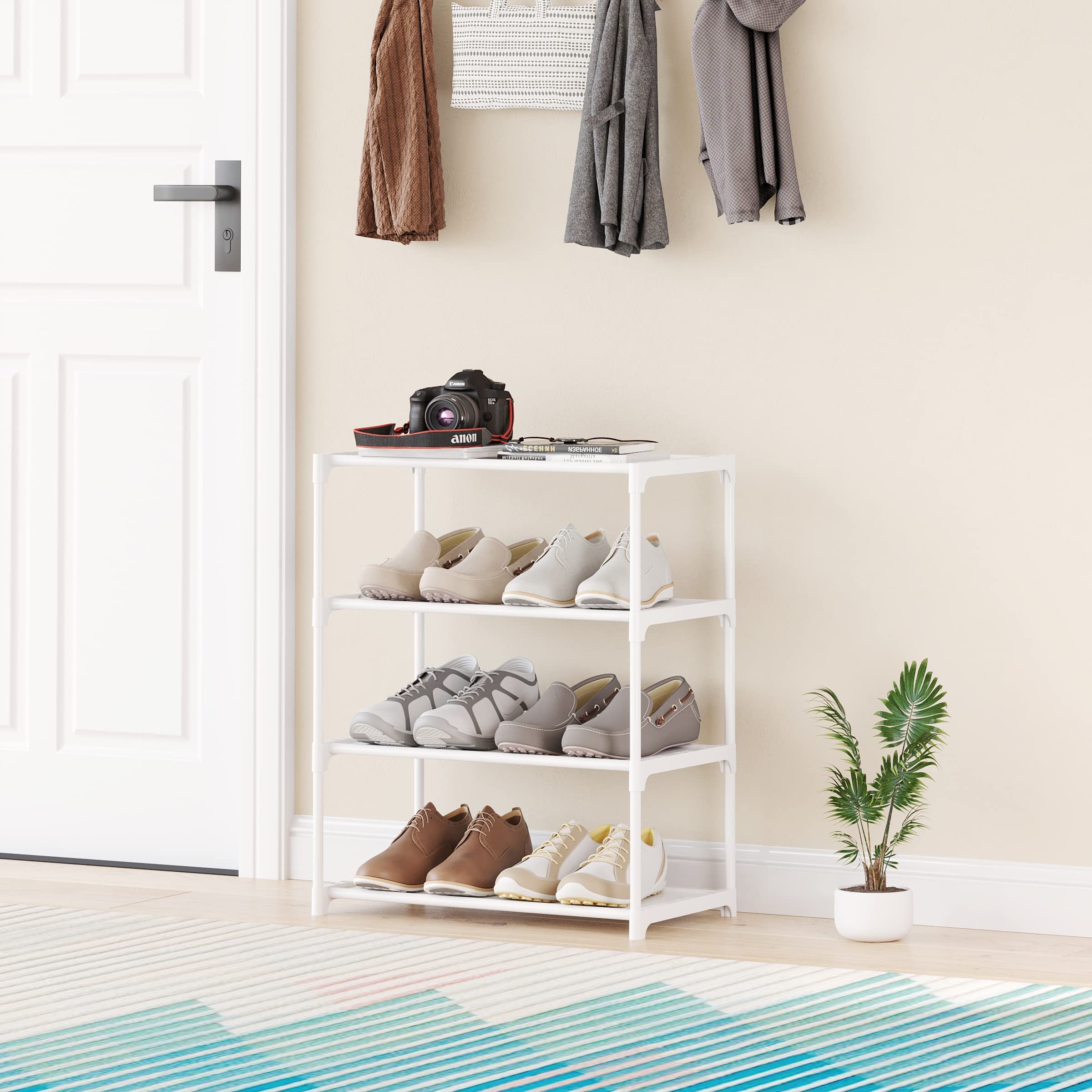 4-Tier Small Shoe Rack .Stackable Shoe Shelf Storage Organizer For Entryway Hallway Closet Bathroom Living Room (White)