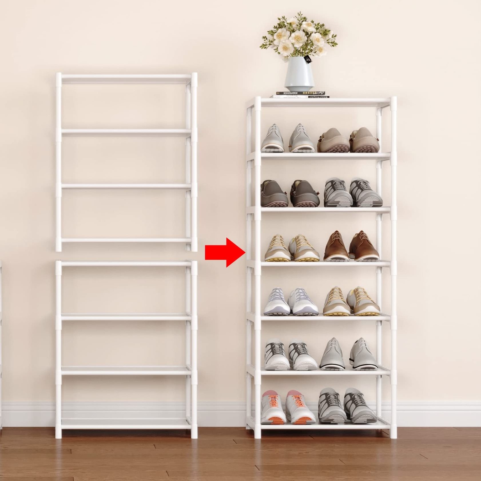 4-Tier Small Shoe Rack .Stackable Shoe Shelf Storage Organizer For Entryway Hallway Closet Bathroom Living Room (White)