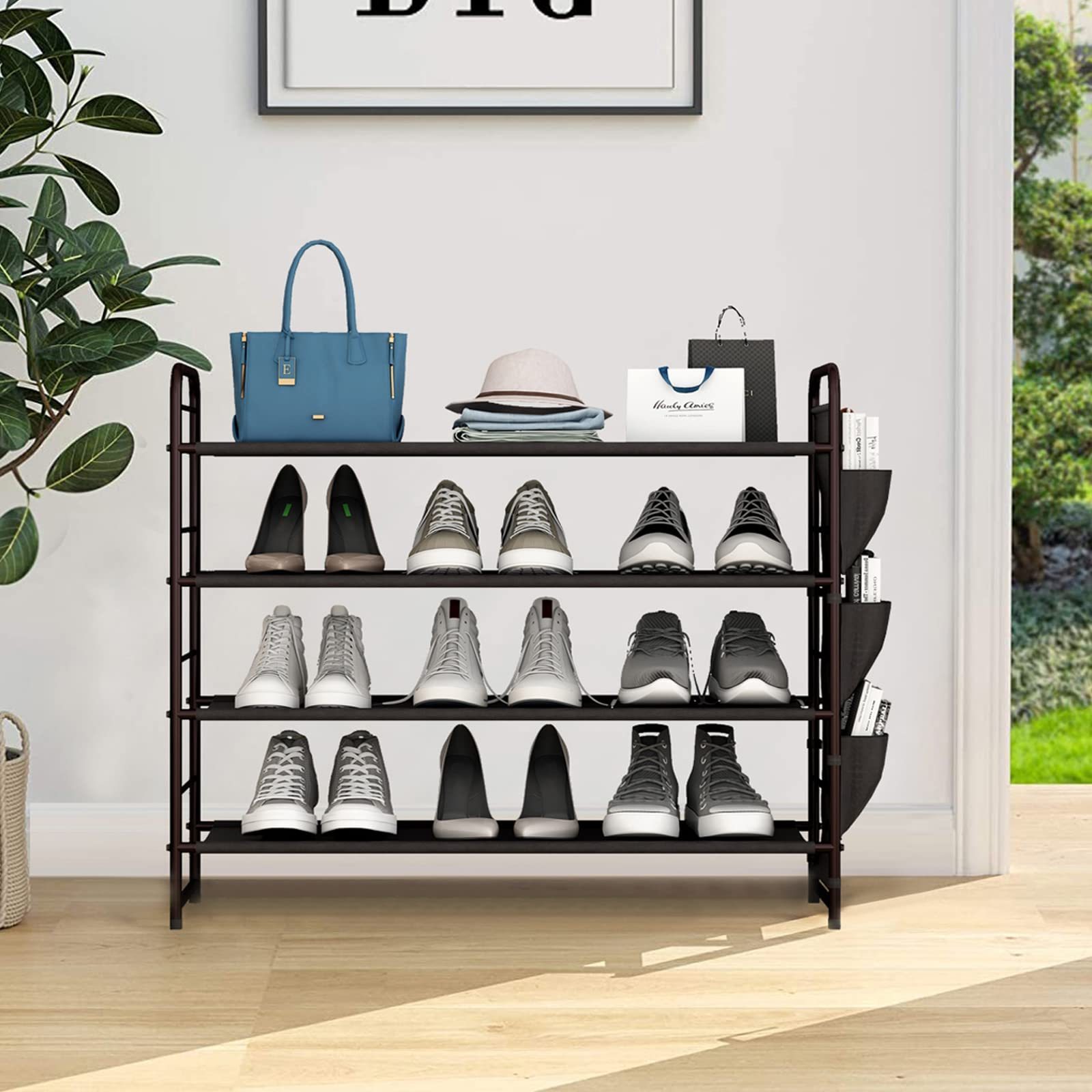 Shoe Rack Storage Organizer 4 Tier Free Standing Metal Shoe Shelf Compact Shoe Organizer with Side Bag for Entryway Closet Bedro