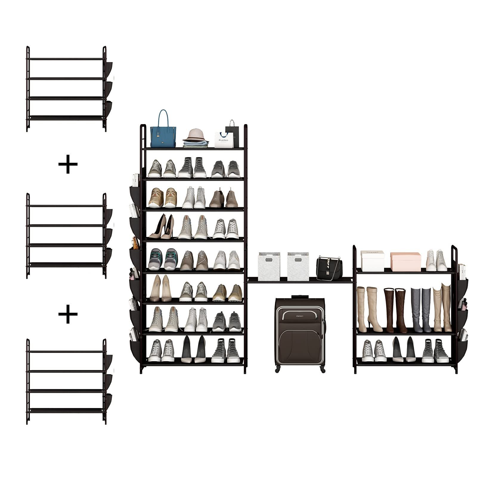 Shoe Rack Storage Organizer 4 Tier Free Standing Metal Shoe Shelf Compact Shoe Organizer with Side Bag for Entryway Closet Bedro