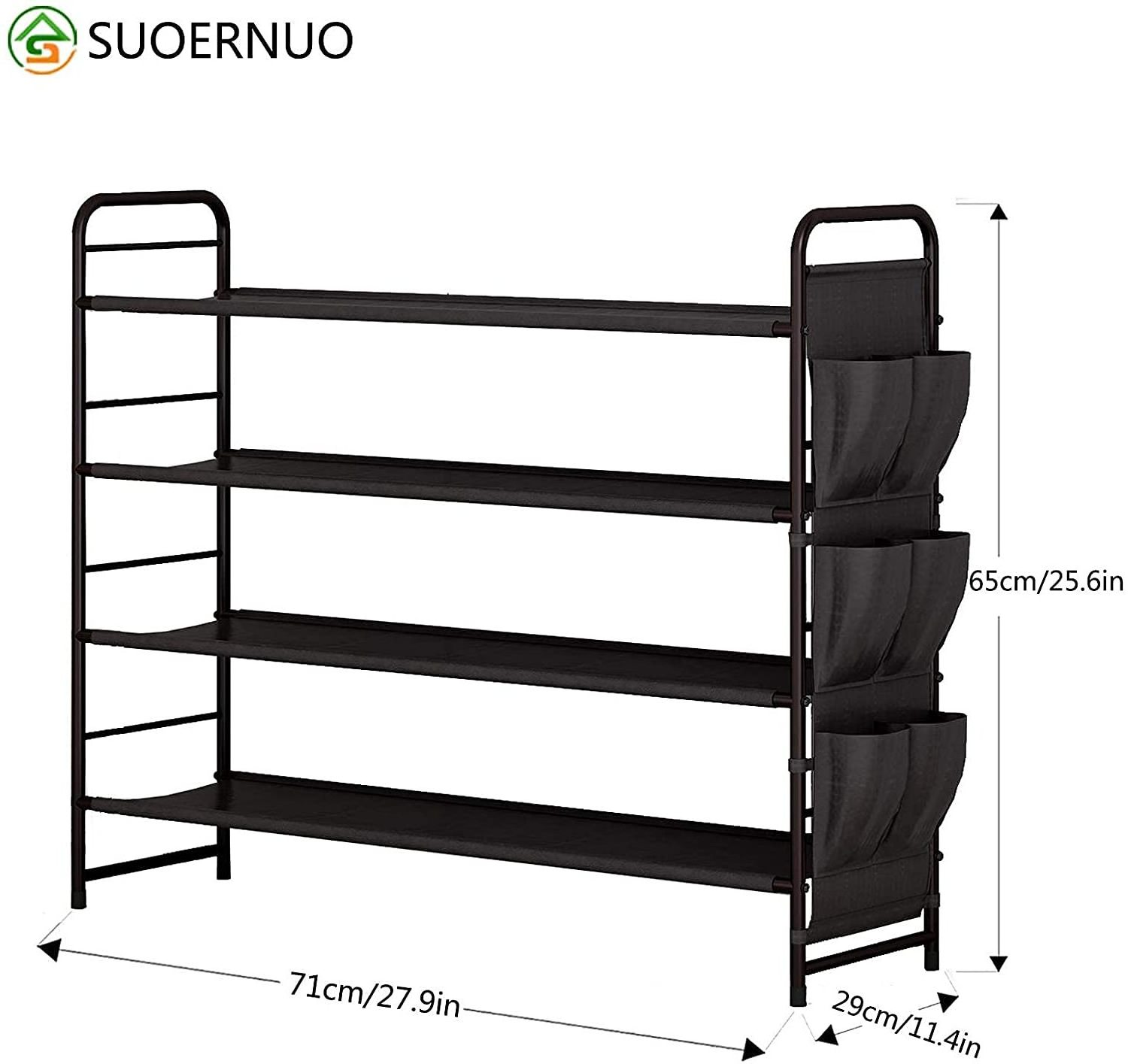 Shoe Rack Storage Organizer 4 Tier Free Standing Metal Shoe Shelf Compact Shoe Organizer with Side Bag for Entryway Closet Bedro