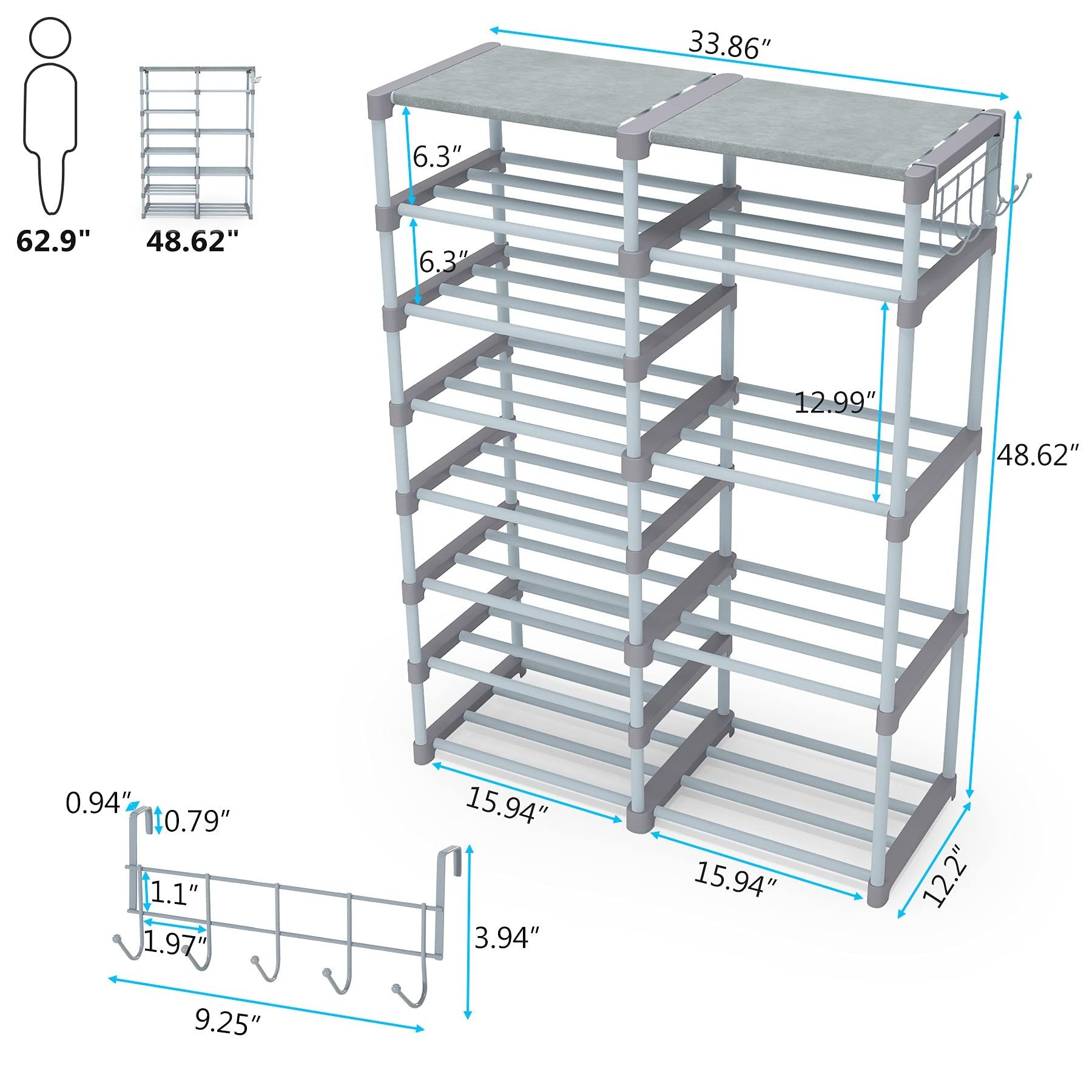 Shoe Rack Shoe Shelf Shoe Storage Organizer with Side Hooks for Entryway 24-30 Pairs Metal Taller Boots Black