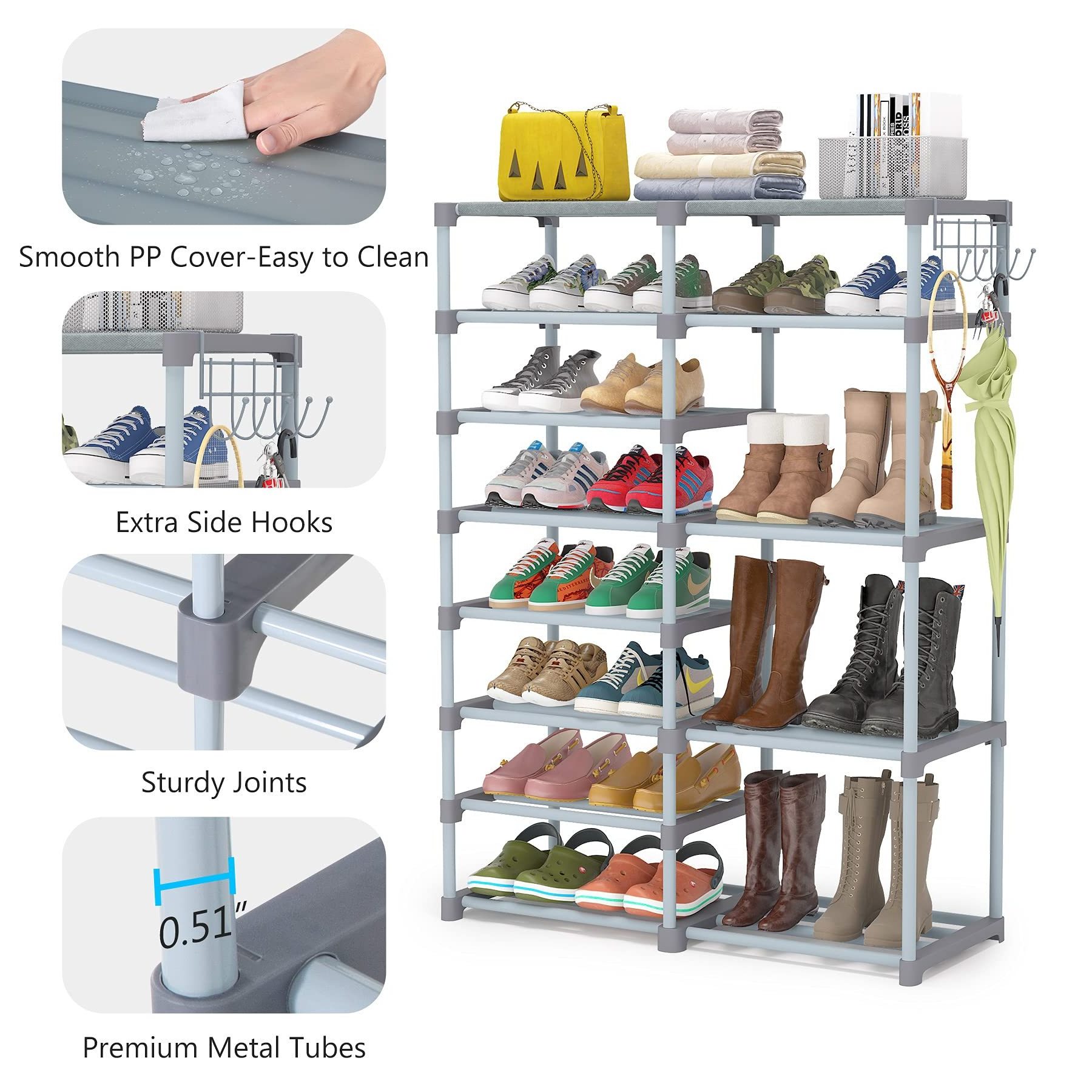 Shoe Rack Shoe Shelf Shoe Storage Organizer with Side Hooks for Entryway 24-30 Pairs Metal Taller Boots Black