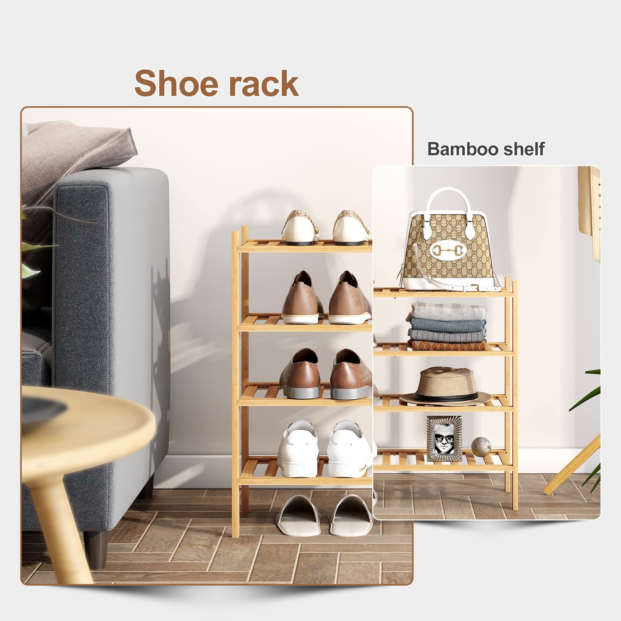 4 Tier Bamboo Shoe Rack Stackable Shoe Shelf Storage Organizer for Unit Entryway Hallway and Closet Sturdy Shoe Shelf