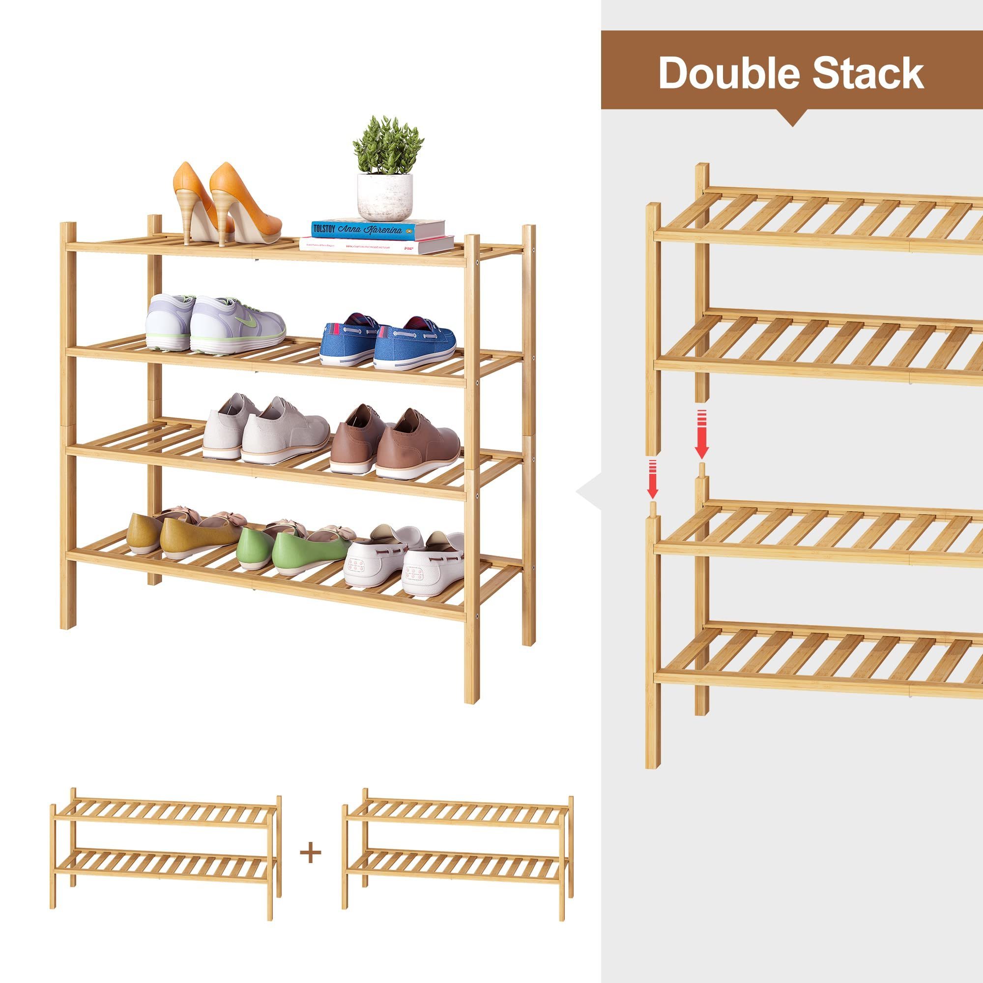 4 Tier Bamboo Shoe Rack Stackable Shoe Shelf Storage Organizer for Unit Entryway Hallway and Closet Sturdy Shoe Shelf