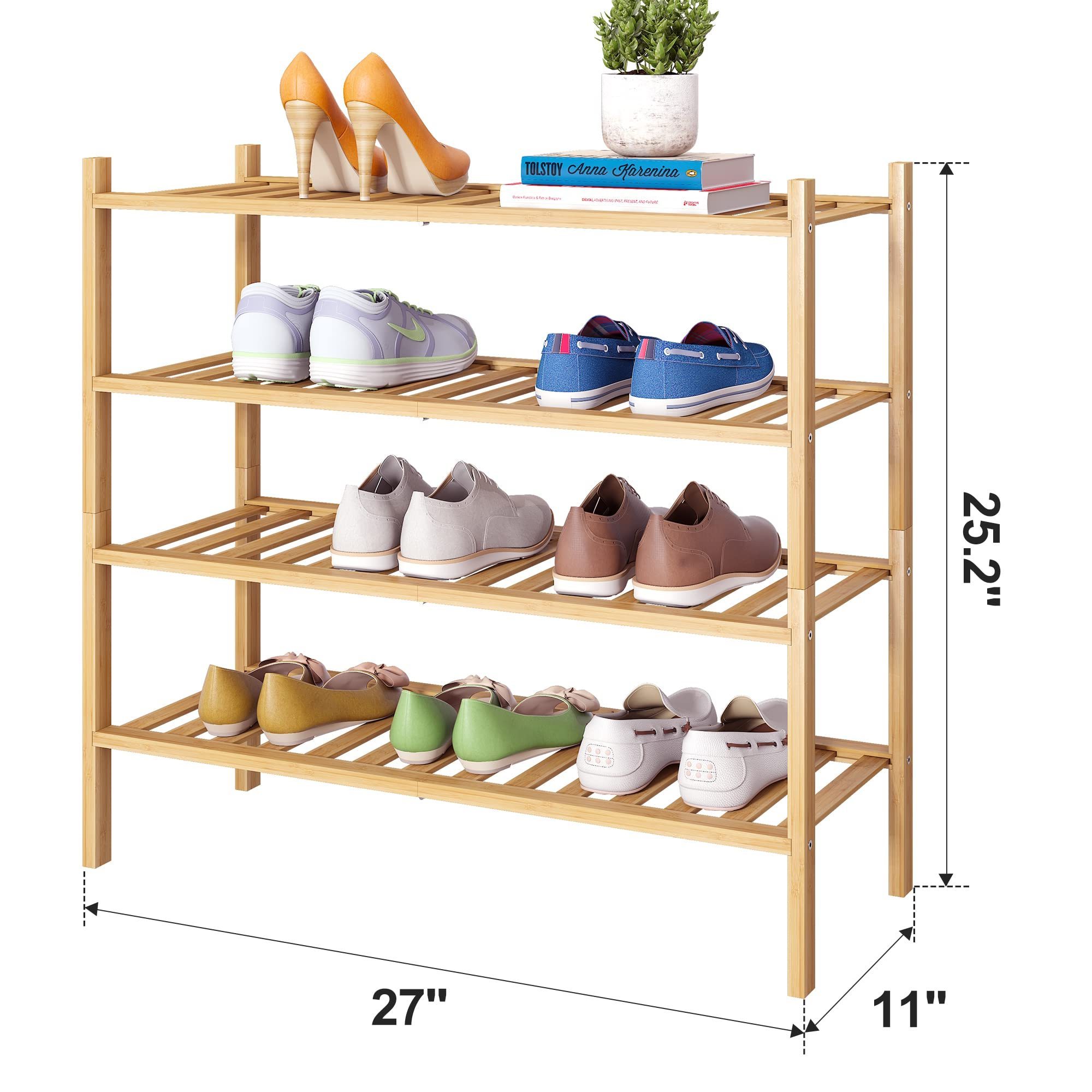 4 Tier Bamboo Shoe Rack Stackable Shoe Shelf Storage Organizer for Unit Entryway Hallway and Closet Sturdy Shoe Shelf