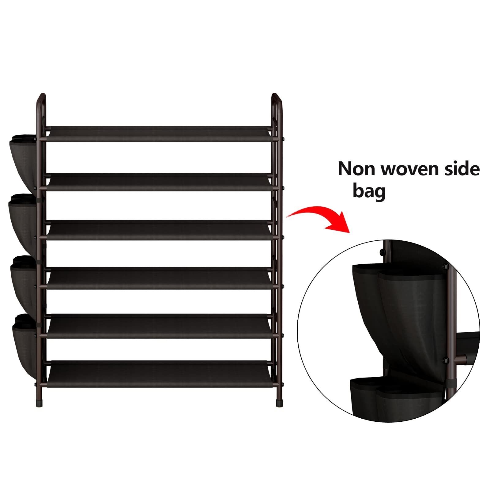 Shoe Rack Storage Organizer 6 Tier Free Standing Metal Shoe Shelf Compact Shoe Organizer with Side Bag for Entryway Closet Bedro