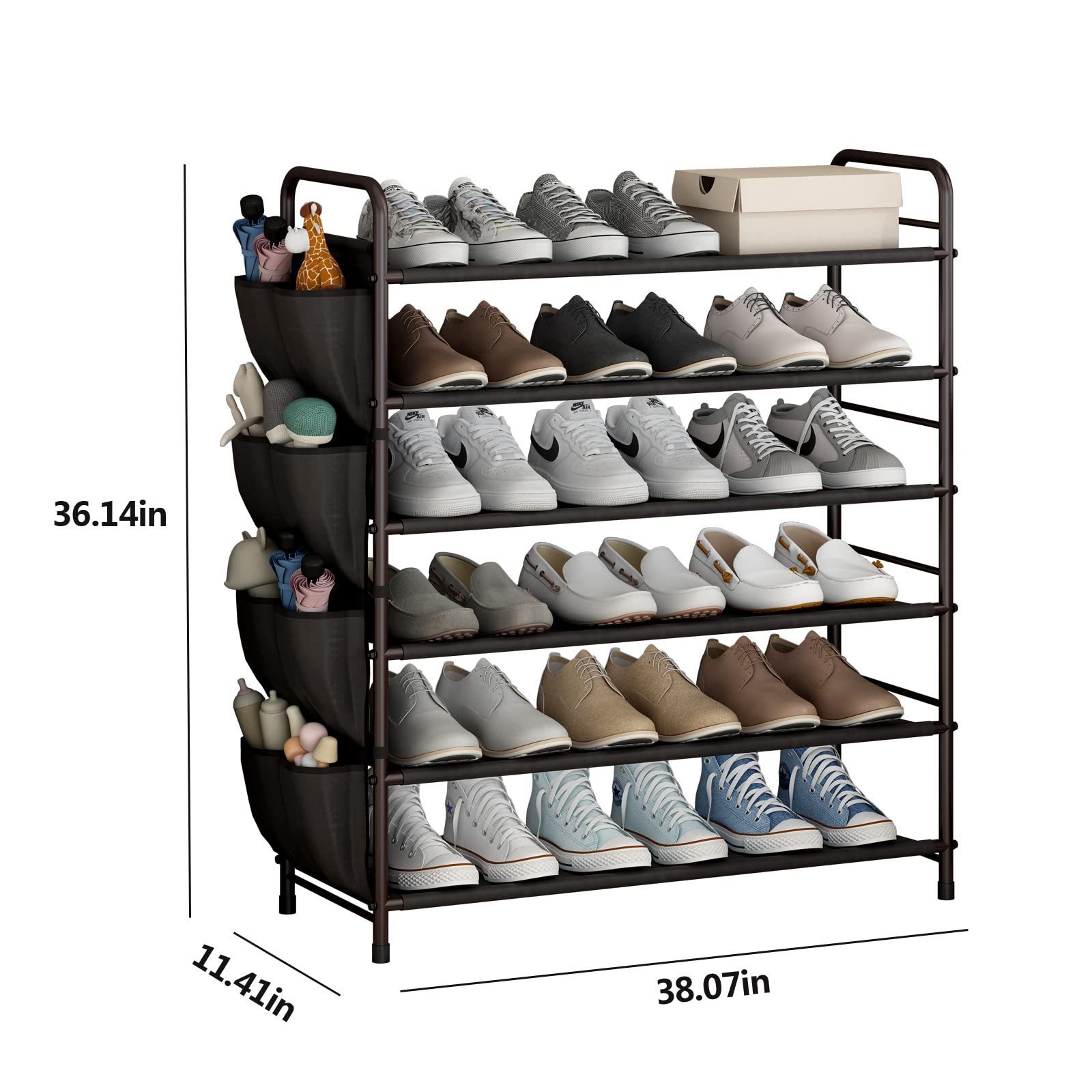 Shoe Rack Storage Organizer 6 Tier Free Standing Metal Shoe Shelf Compact Shoe Organizer with Side Bag for Entryway Closet Bedro