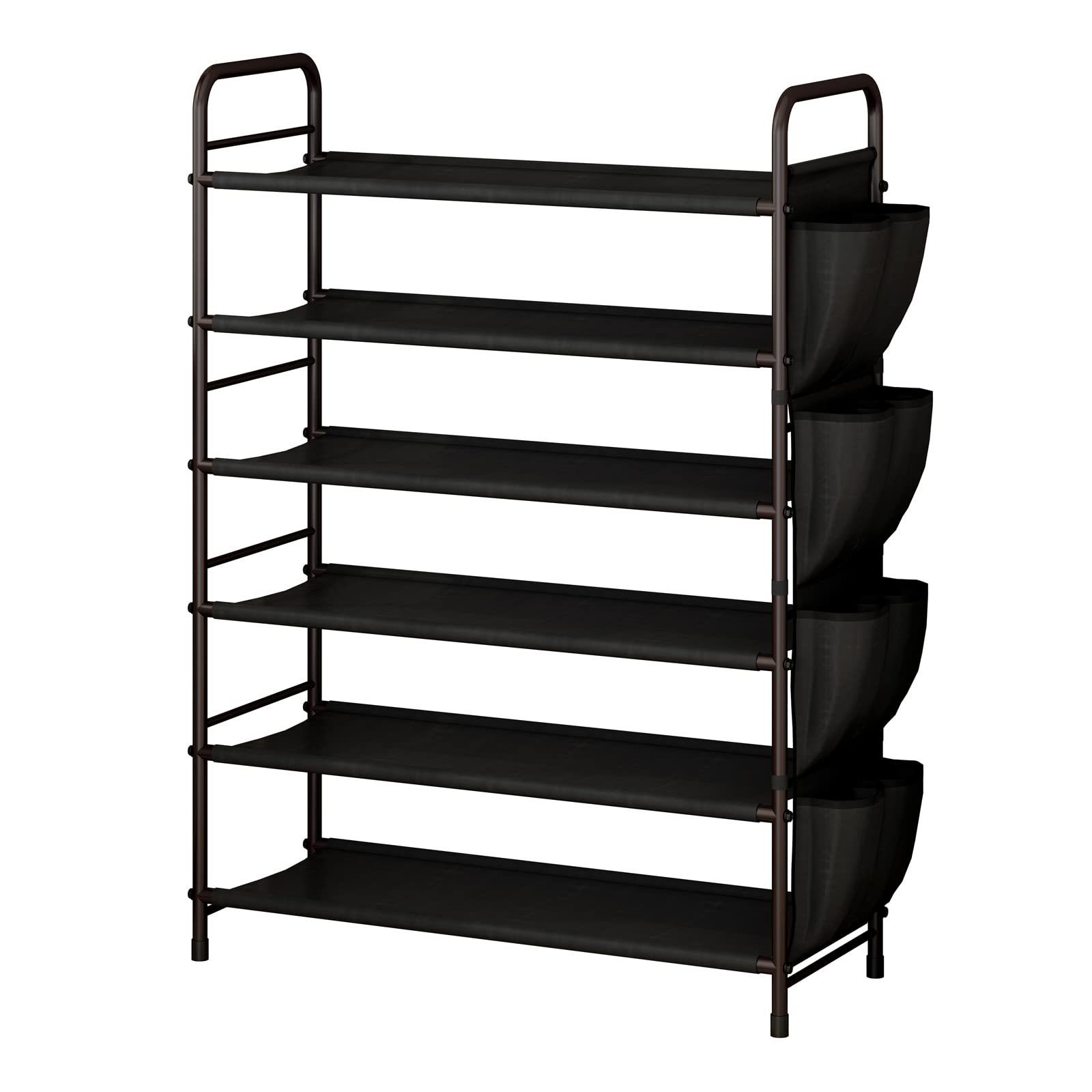 Shoe Rack Storage Organizer 6 Tier Free Standing Metal Shoe Shelf Compact Shoe Organizer with Side Bag for Entryway Closet Bedro