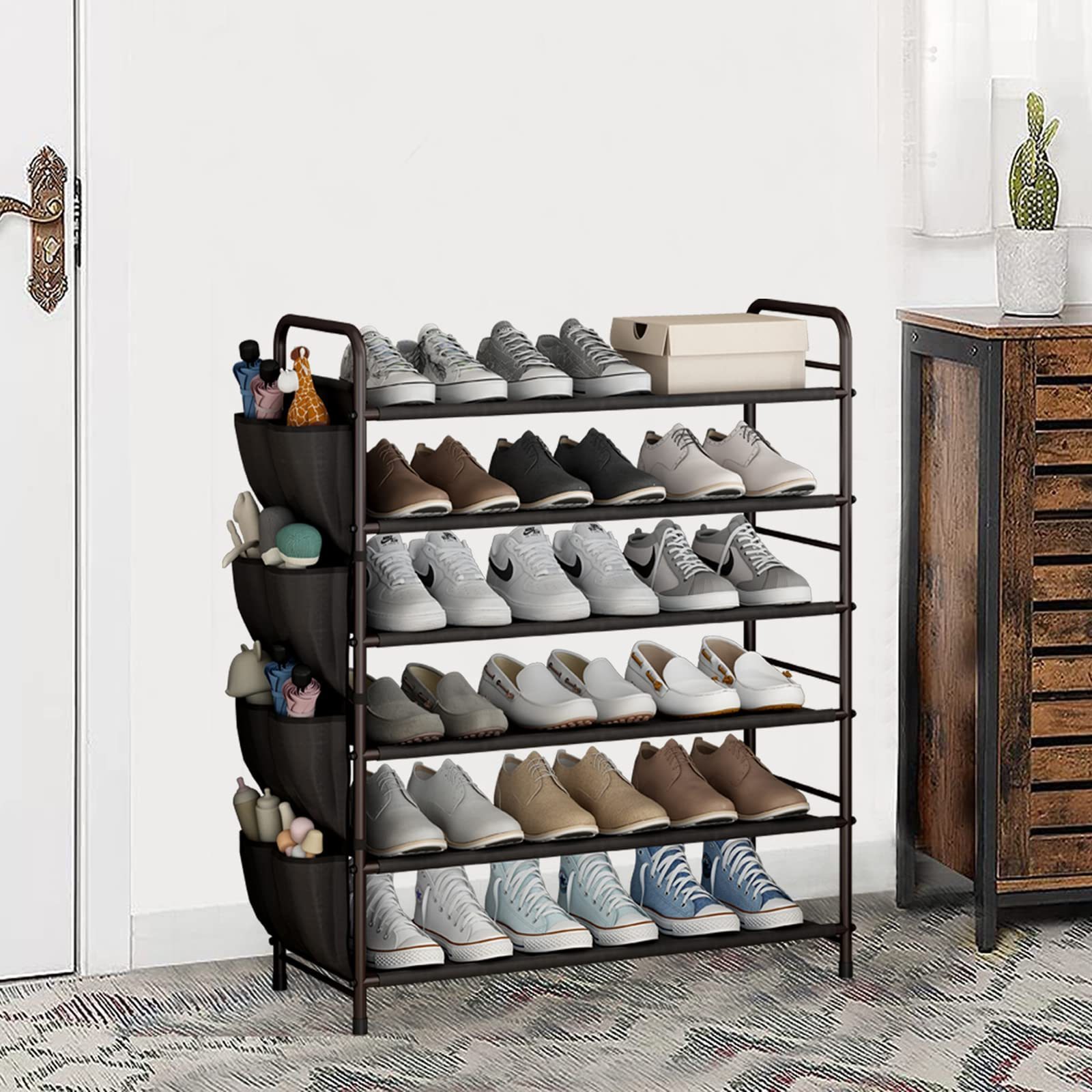 Shoe Rack Storage Organizer 6 Tier Free Standing Metal Shoe Shelf Compact Shoe Organizer with Side Bag for Entryway Closet Bedro