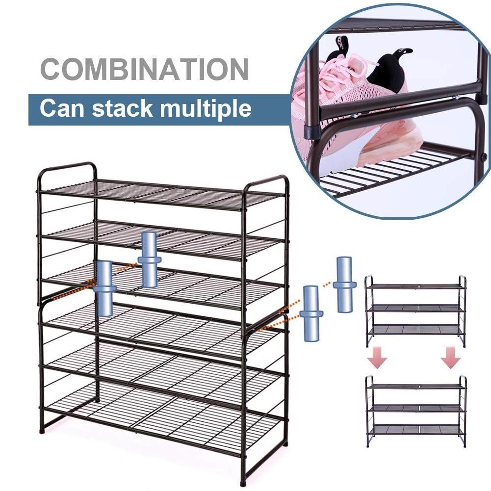 3-Tier Stackable Shoe Rack, Expandable & Adjustable Shoe Shelf Storage Organizer, Wire Grid, Coffee