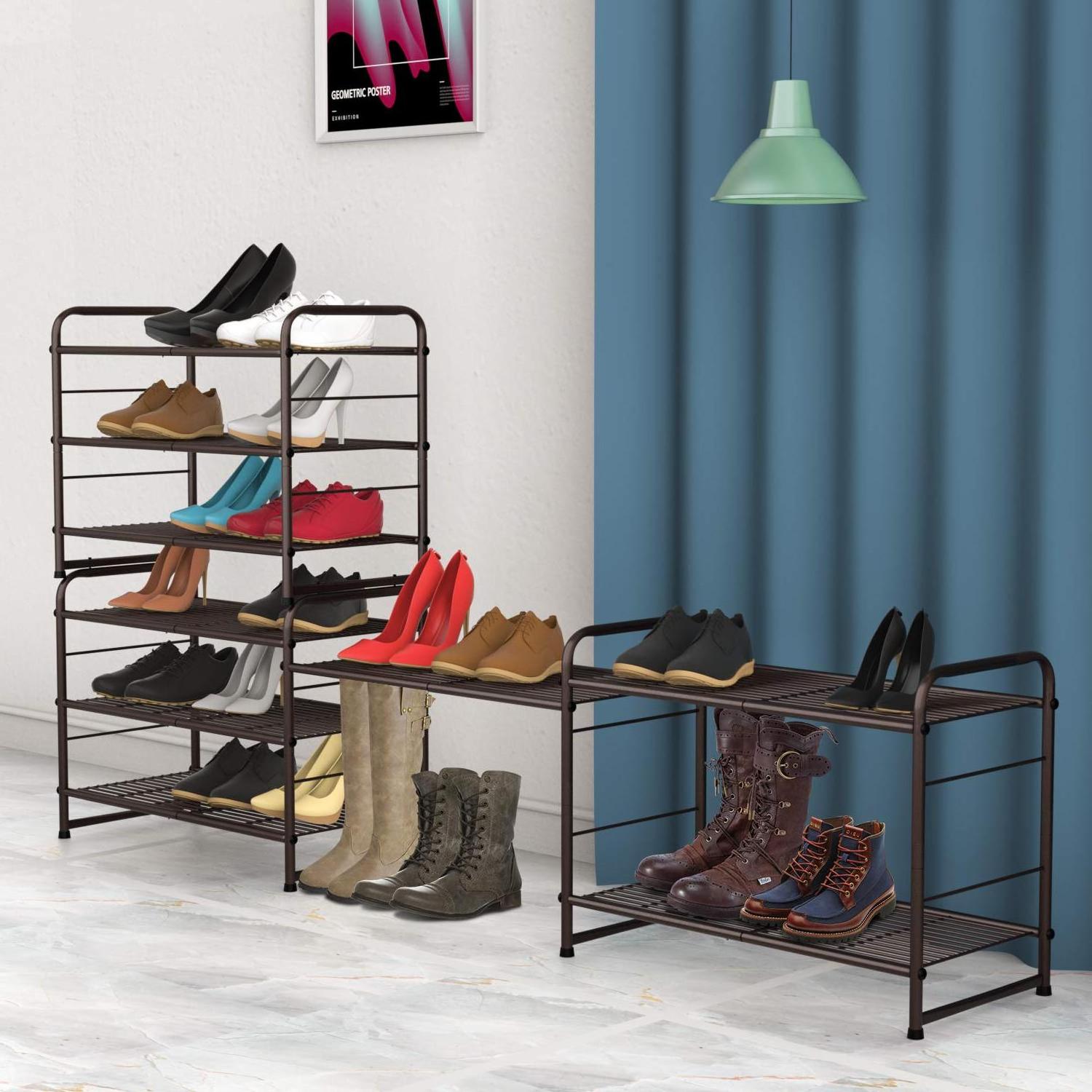 3-Tier Stackable Shoe Rack, Expandable & Adjustable Shoe Shelf Storage Organizer, Wire Grid, Coffee