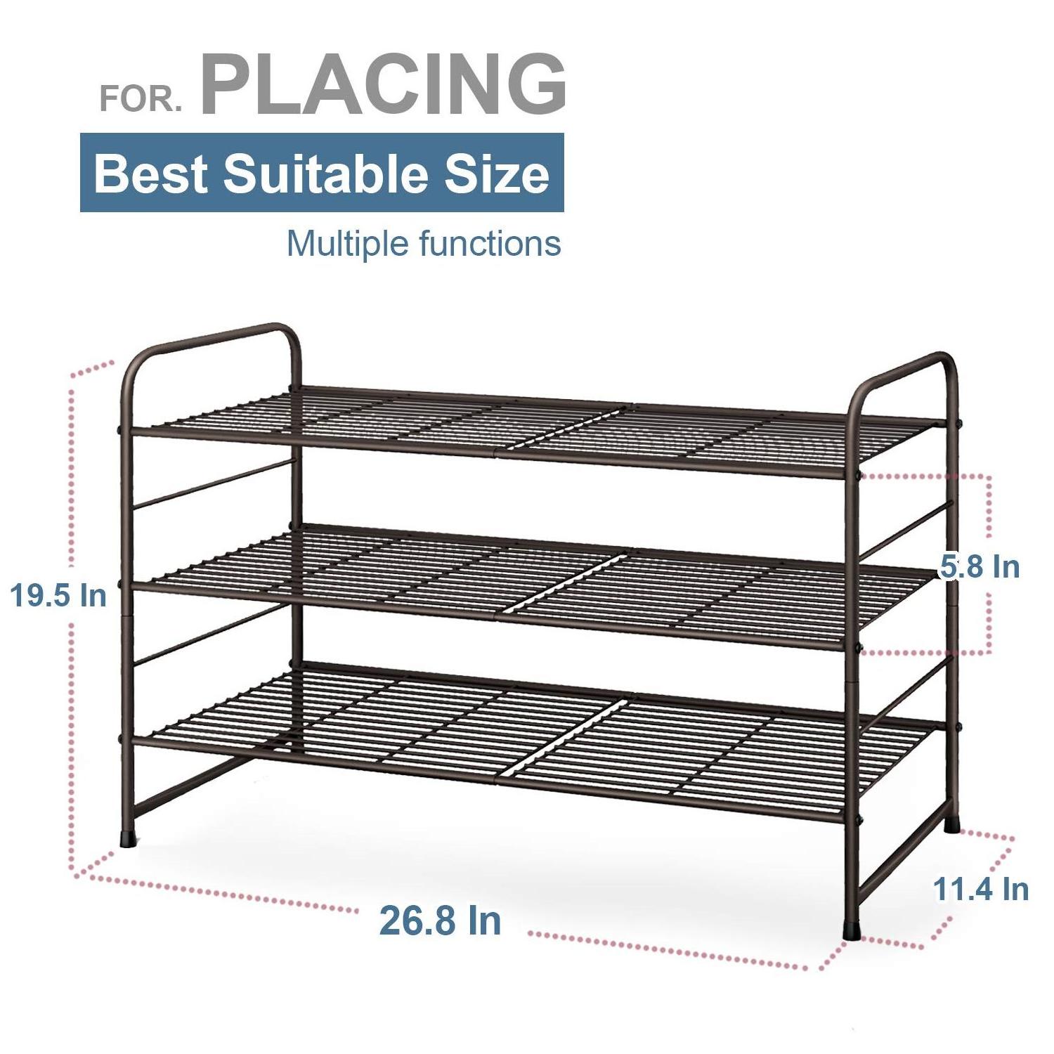 3-Tier Stackable Shoe Rack, Expandable & Adjustable Shoe Shelf Storage Organizer, Wire Grid, Coffee