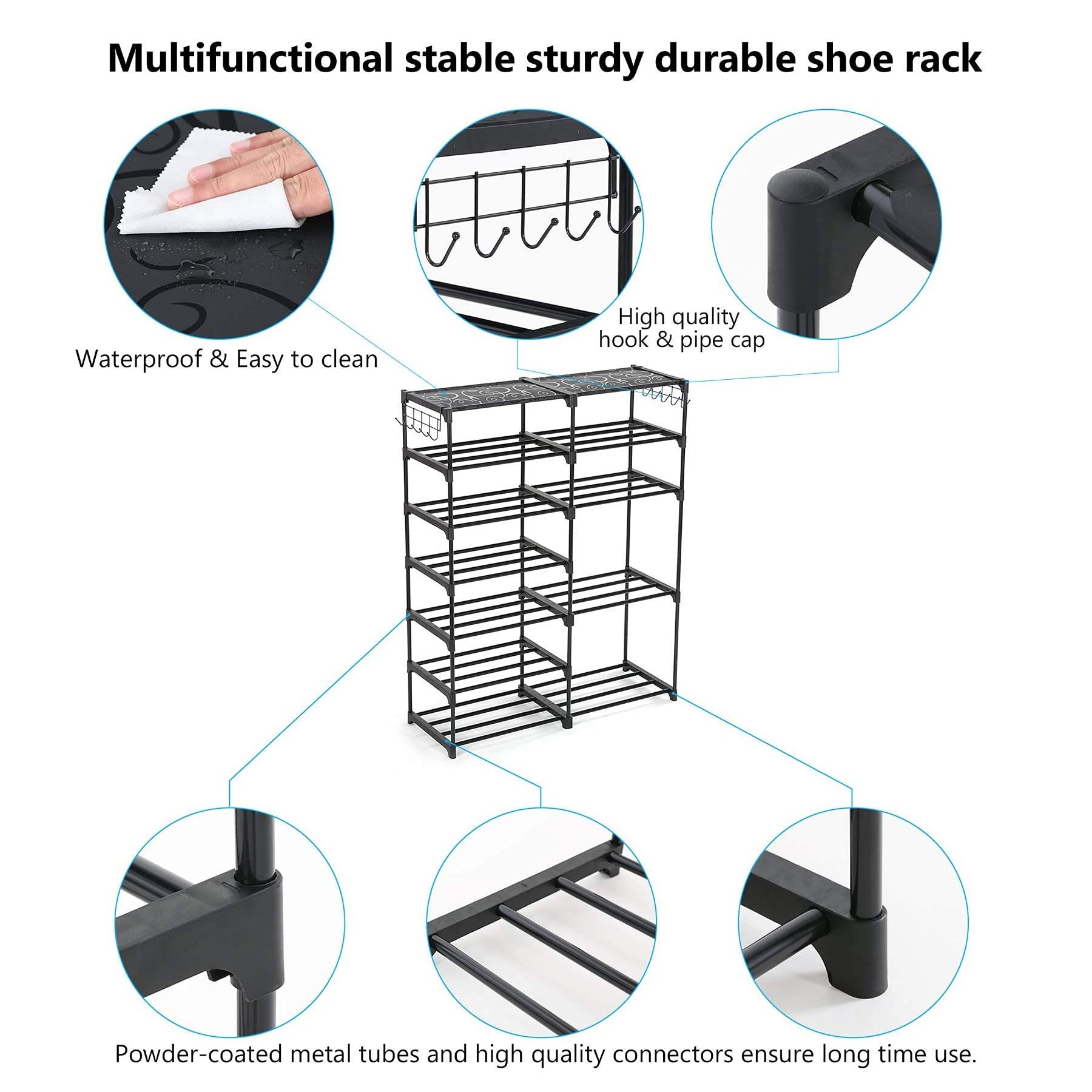 Shoe Rack Shoe Shelf Shoe Storage Organizer with Side Hooks for Entryway, 24-30 Pairs Metal Taller Boots