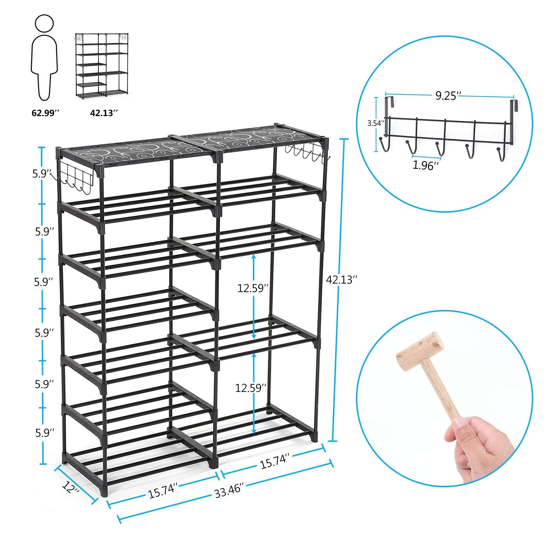 Shoe Rack Shoe Shelf Shoe Storage with Side Hooks for Entryway, 24-30 Pairs Metal Taller Boots