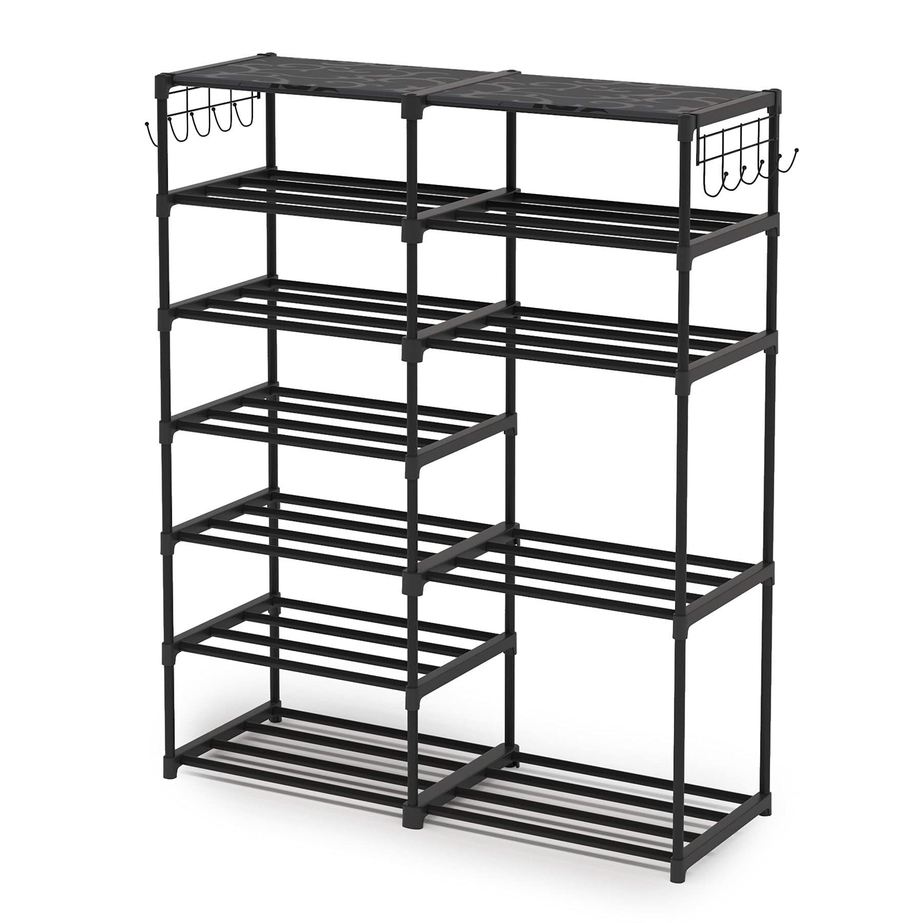 Shoe Rack Shoe Shelf Shoe Storage with Side Hooks for Entryway, 24-30 Pairs Metal Taller Boots