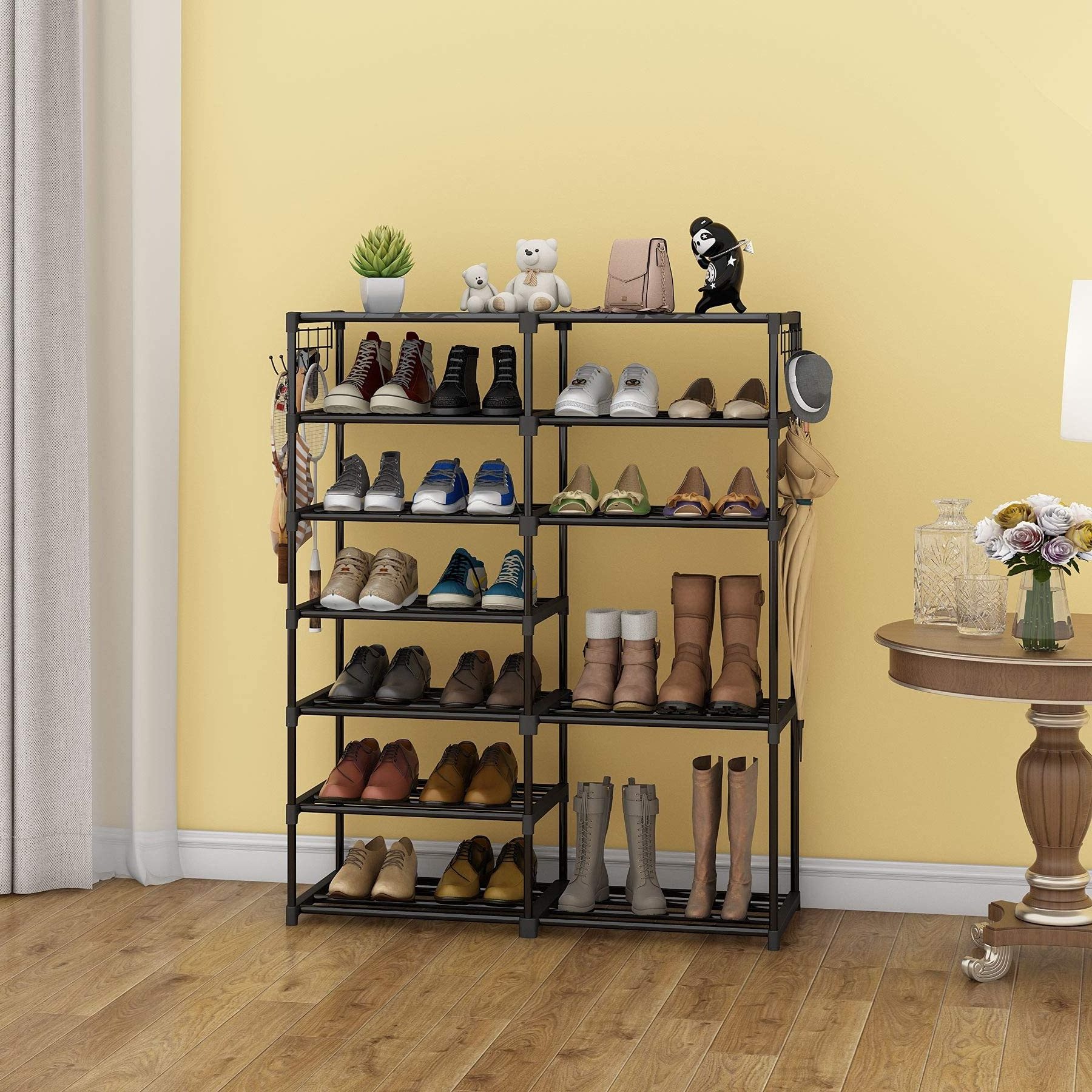 Shoe Rack Shoe Shelf Shoe Storage with Side Hooks for Entryway, 24-30 Pairs Metal Taller Boots