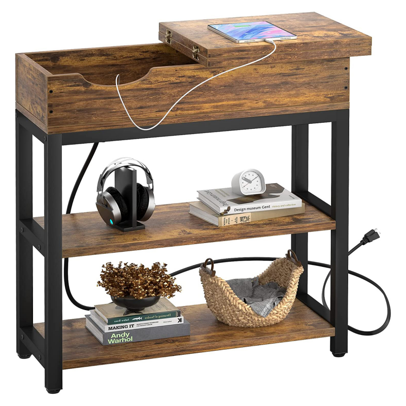 Side Table with USB Ports and Outlets Narrow End Table with Charging Station Bedside Nightstand with Storage Shelves