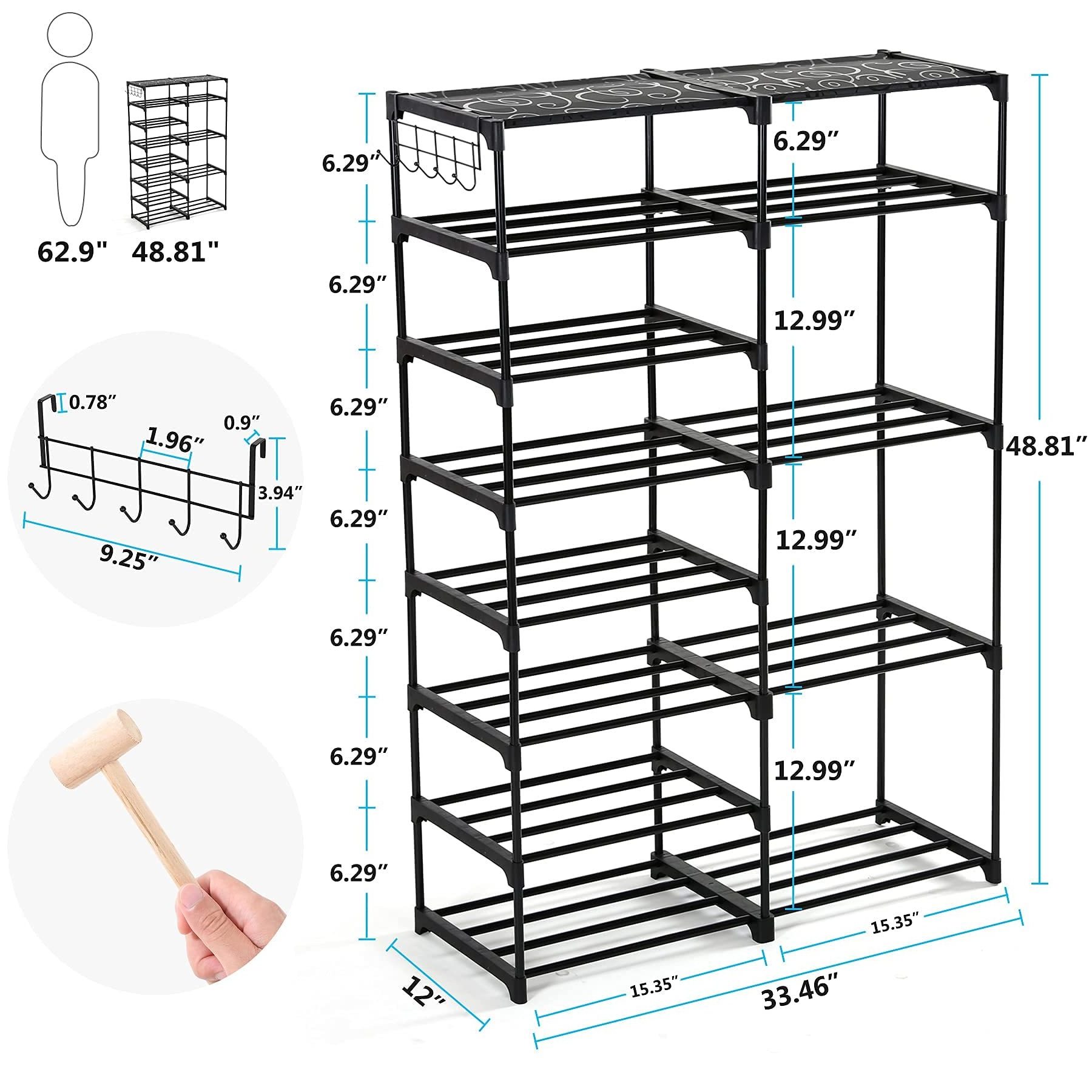 Shoe Rack Shoe Shelf Shoe Storage Organizer with Side Hooks for Entryway, 24-30 Pairs Metal Taller Boots Gray