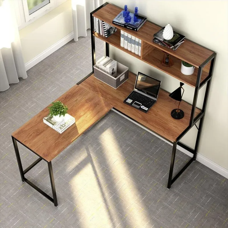 Living Room Furniture L-Shaped Metal Frame Wooden Writing Office Desks Study Table Home Corner Computer Table With Shelves