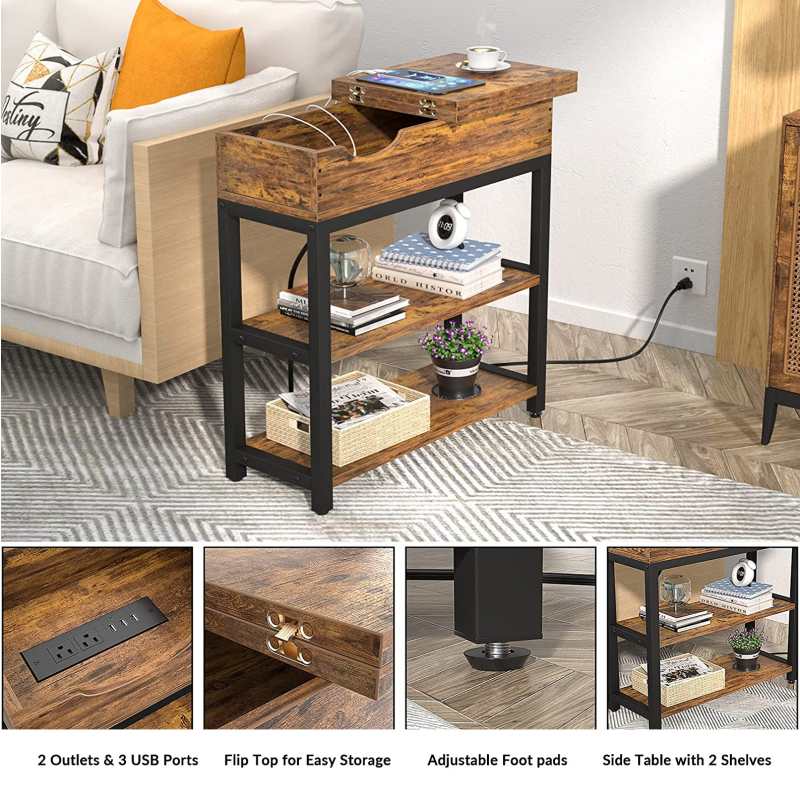 Side Table with USB Ports and Outlets Narrow End Table with Charging Station Bedside Nightstand with Storage Shelves