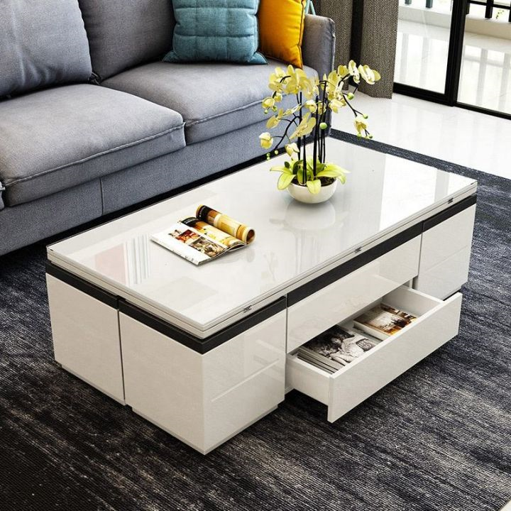 Multifunction Modern Home Furniture Folding Living Room Lifting Coffee Table Tempered Glass White Lift Top Coffee Table 10 Pcs