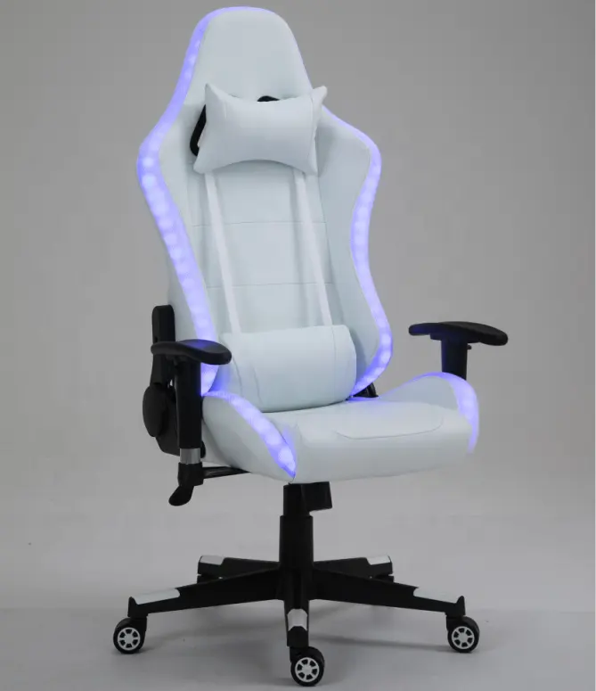 Cheap  Full White PU Leather Computer PC Game Chair Silla Gamer Led RGB Racing Massage Gaming Chair With Lights And Speakers