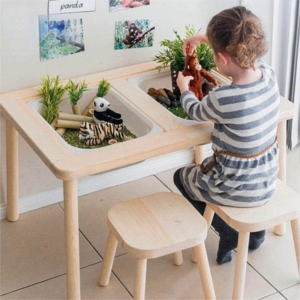 Children learning sensory party activity furniture wooden kids' play study tables with storage, storage table and chair for kids