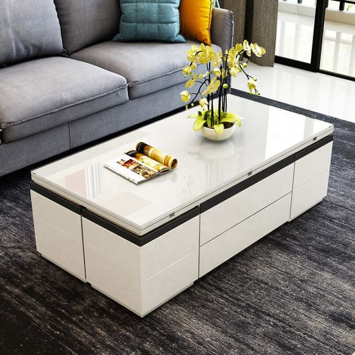 Multifunction Modern Home Furniture Folding Living Room Lifting Coffee Table Tempered Glass White Lift Top Coffee Table 10 Pcs