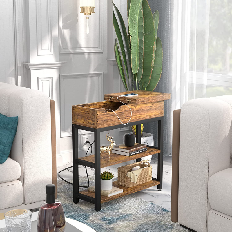 Side Table with USB Ports and Outlets Narrow End Table with Charging Station Bedside Nightstand with Storage Shelves