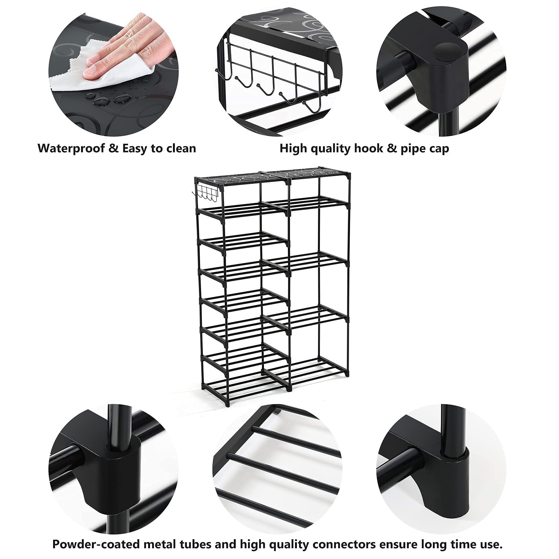 Shoe Rack Shoe Shelf Shoe Storage Organizer with Side Hooks for Entryway, 24-30 Pairs Metal Taller Boots Gray