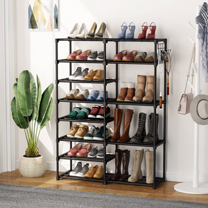 Shoe Rack Shoe Shelf Shoe Storage Organizer with Side Hooks for Entryway, 24-30 Pairs Metal Taller Boots Gray