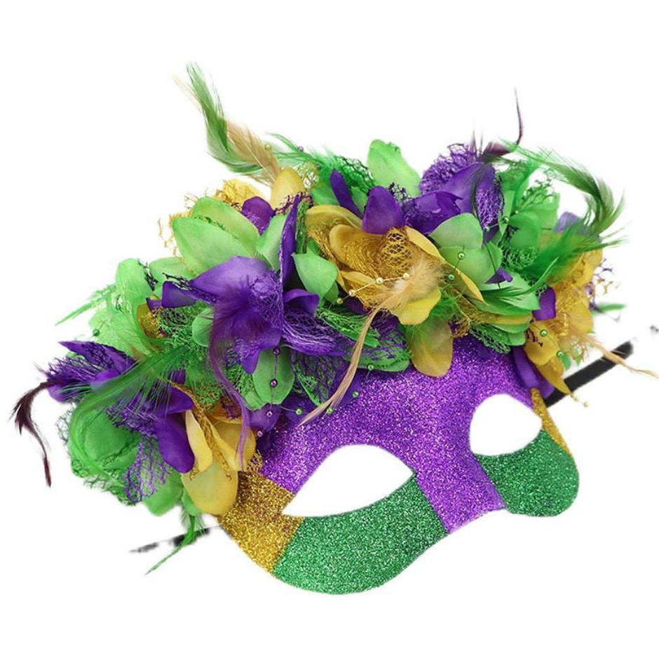 Masquerade Women Deluxe Half Mask With Feather Flowers Venetian Party Mardi Gras Halloween Mask Green