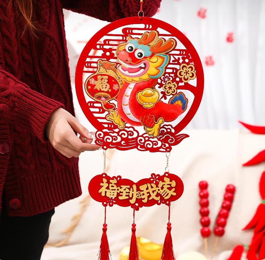 Chinese Lucky Fu Dragon New Year Hanging Decoration Porch Welcome Sign with Tassel for Home Tree Decor Accessory Red 10X23.6inch