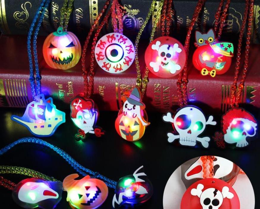 Halloween LED Necklaces Spider Ghost Pumpkin Neon Party Favors Kids Adult Flashing Light up toys Goodie Treat Bag Fillers