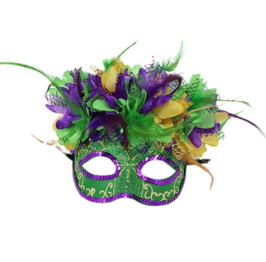 Masquerade Women Deluxe Half Mask With Feather Flowers Venetian Party Mardi Gras Halloween Mask Green