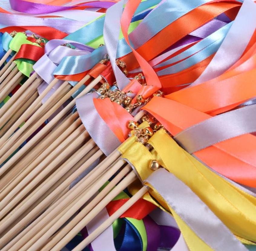 Ribbon Wedding Wands Wood Stick Party Favors Streamers with Gold Bells Fairy Wand for Holiday Celebration Decorations