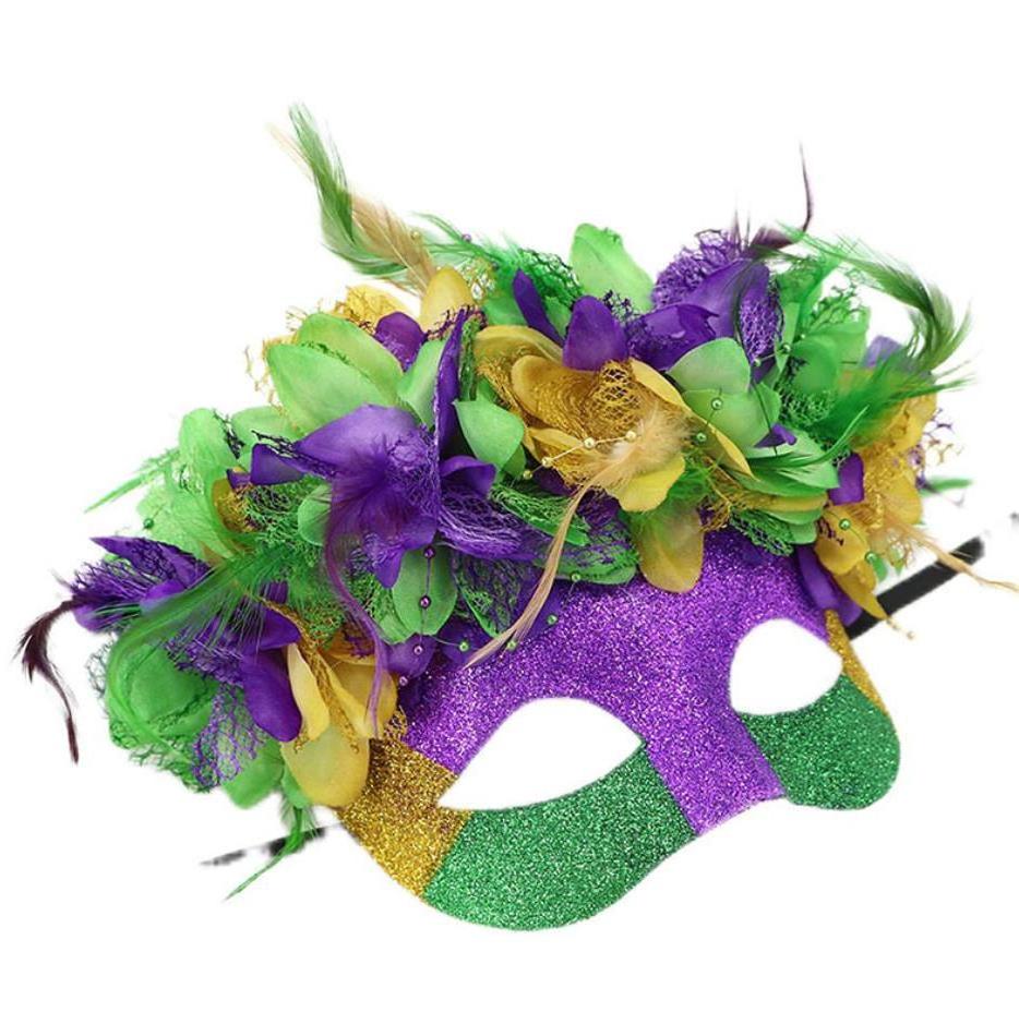 Masquerade Women Deluxe Half Mask With Feather Flowers Venetian Party Mardi Gras Halloween Mask Green