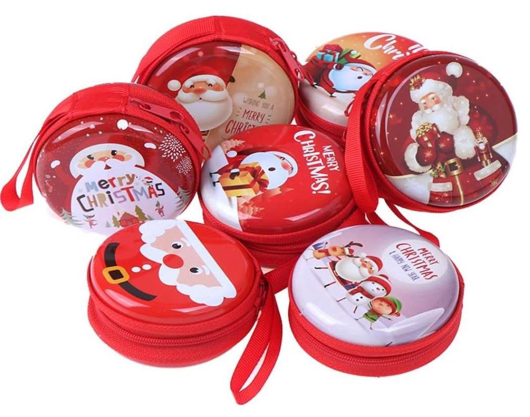 Christmas Coin Purse Mini Tins Money Wallet Change Pocket With Zipper Gift Box Jewelry Pouch Xmas Tree Hanging Ornaments