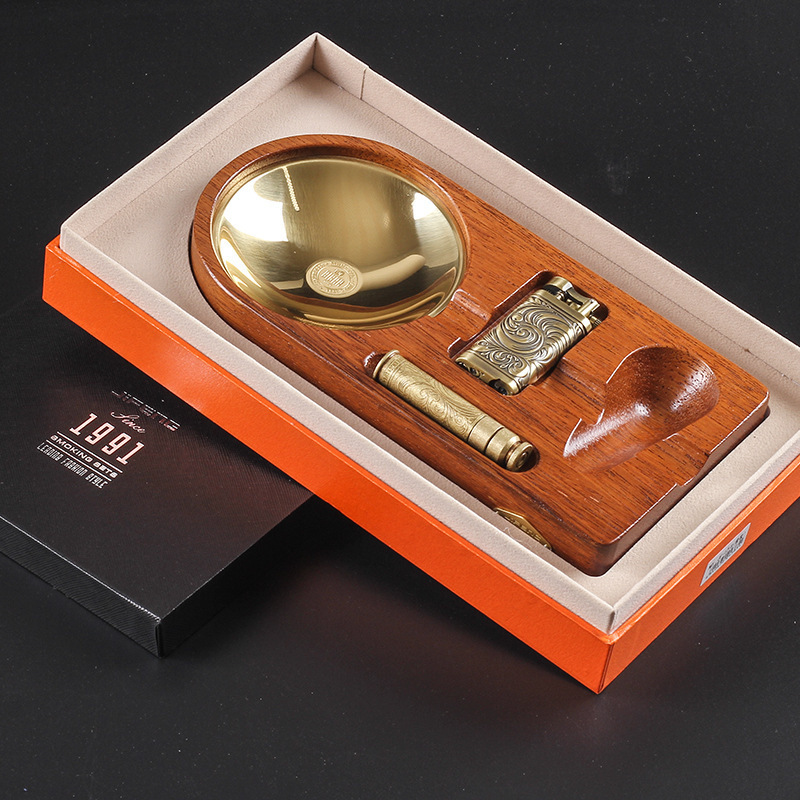 Wholesale Custom Cigar Smoking Pipe Ashtray Brass Lighter Press Bar Set Pipe Holder Pipe Ashtray