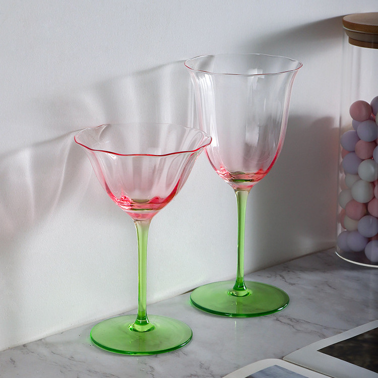 Home Light Luxury Retro Flowers Red Wine Goblet Crystal Glass Pink Green Champagne Cocktail Martini Glass