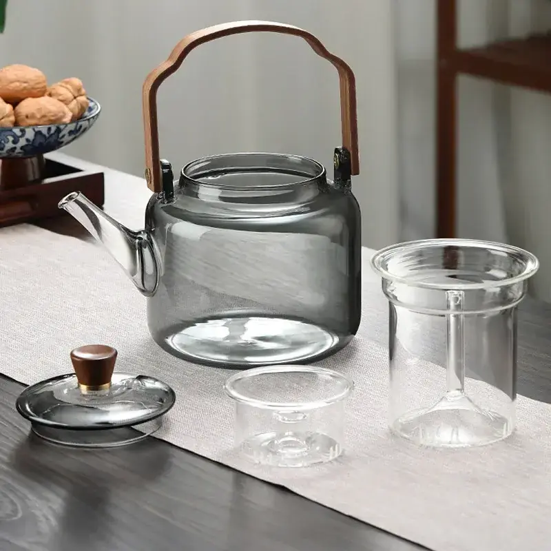 1.2L Gray Glass Teapot with Infuser Heat Resistant Flower Transparent Tea Pot Portable Handle Pot Office Home Tea Set