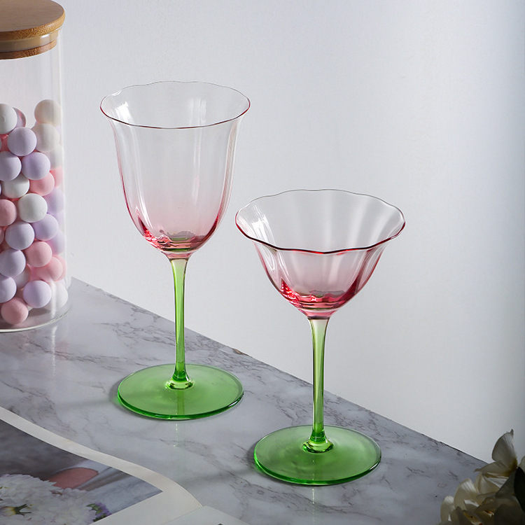 Home Light Luxury Retro Flowers Red Wine Goblet Crystal Glass Pink Green Champagne Cocktail Martini Glass