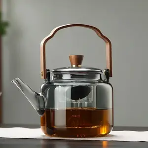 1.2L Gray Glass Teapot with Infuser Heat Resistant Flower Transparent Tea Pot Portable Handle Pot Office Home Tea Set