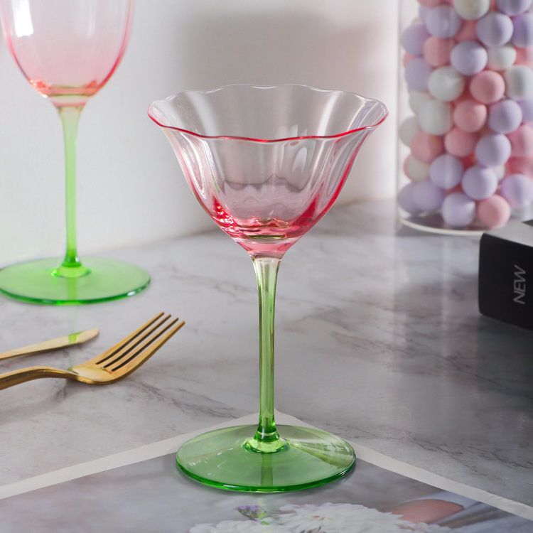 Home Light Luxury Retro Flowers Red Wine Goblet Crystal Glass Pink Green Champagne Cocktail Martini Glass