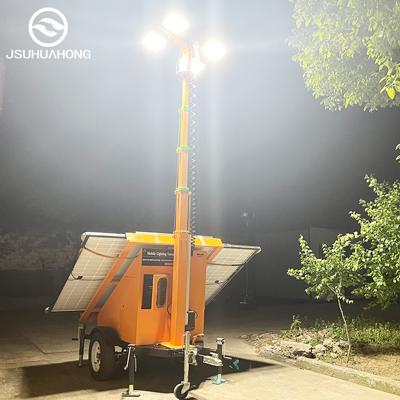 Huahong New Trailer Lifting 9M Tall LED Lights Retractable Solar Panels Portable Solar Light Tower